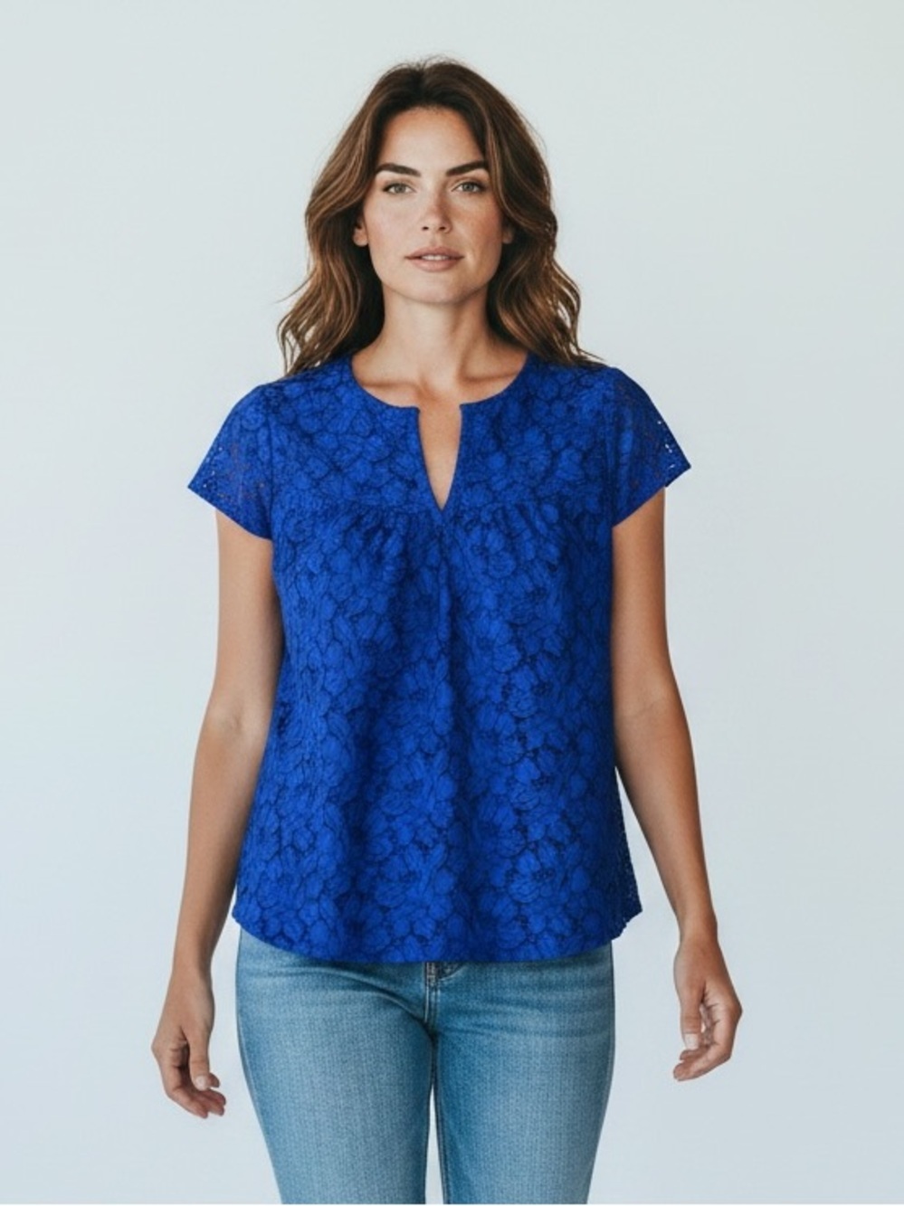 J.Crew Lace Blouse Cobalt Blue Short Sleeve Top Size 12